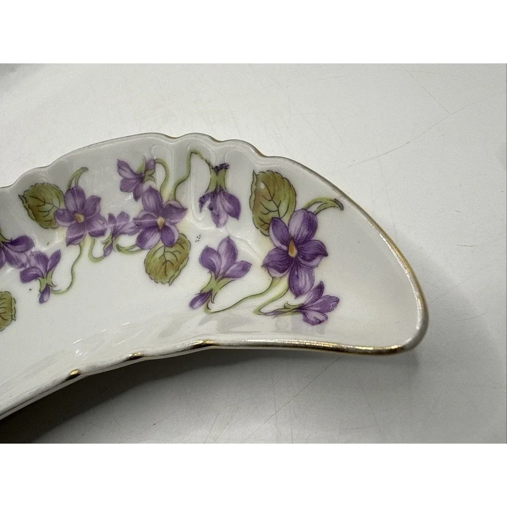 Vintage Crescent Moon Shape Trinket Dish, Purple Gold Floral Made in Germany